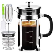 Uiifan 21oz French press coffee maker with thickened borosilicate glass, 304 stainless steel filter system, and BPA-free plastic handle, perfect for brewing coffee, tea, or frothing milk. Includes extra filters and is easy to clean.