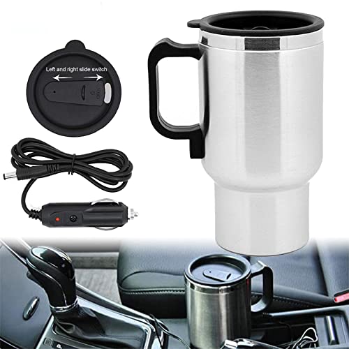 Portable electric car kettle with stainless steel design, plugged into a car cigarette lighter, heating water for coffee or tea while on the go