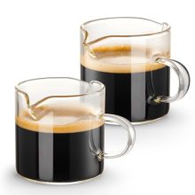 Clear glass espresso cups with double spouts and ergonomic handle, perfect for precision pouring and versatile kitchen use