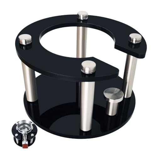 58mm espresso portafilter stand with adjustable height, made of acrylic and stainless steel. Fits 57.5-58.5mm portafilters, featuring a sleek design and simple installation.