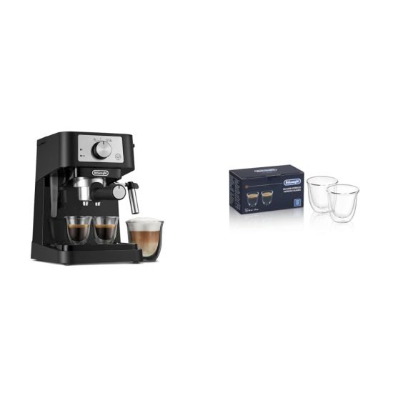 De'Longhi Manual Espresso Machine with 15 Bar Pump, Milk Frother, and Double-Walled Thermo Glasses for Home Coffee Brewing