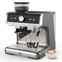 Espresso Coffee Machine with Built-In Grinder and Steam Wand, featuring a 20 Bar Pressure Pump and 95-Ounce Water Tank, perfect for making lattes and cappuccinos.