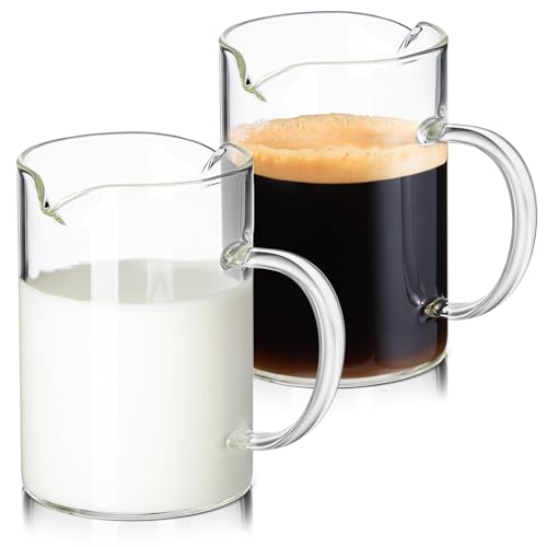 Leinuosen 2-Pack Glass Pitchers, 250ml each, with elegant design and comfortable handle for serving milk, cream, or syrup. Ideal for home and commercial use.