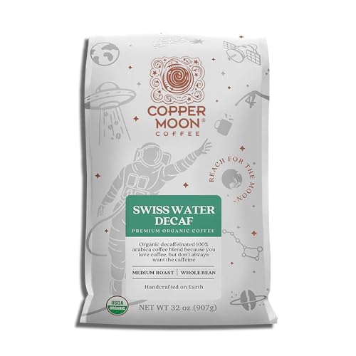 Bag of Copper Moon Organic Decaf Whole Bean Coffee, 2 lb medium roast, Swiss Water processed, featuring sustainable and organic beans with a rich, smooth flavor profile