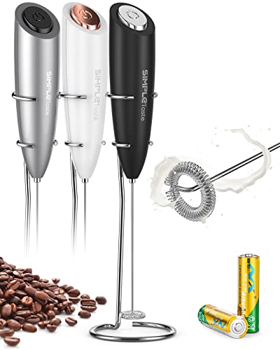 SIMPLETaste Handheld Milk Frother with Stainless Steel Whisk and Stand, Battery Operated for Perfect Cappuccino, Latte, and More