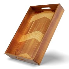 Acacia Wood Serving Tray with Handles and 5 Coasters – Elegant Rectangular Tray for Coffee, Breakfast, and Home Decor