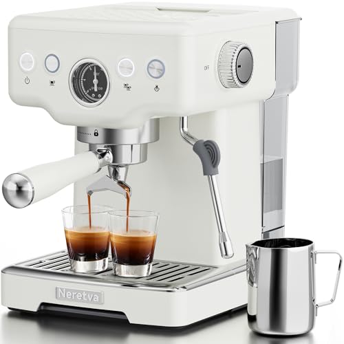 Compact Neretva 15-Bar Espresso Machine in white, featuring a milk frother steam wand and removable water tank for home barista use.