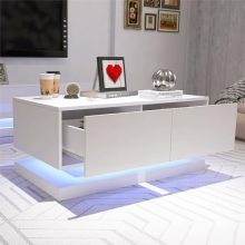 Modern white coffee table with a high-gloss finish, RGB LED lights, and two spacious drawers. Features a sleek design and Bluetooth-controlled lighting, perfect for enhancing any living room decor. 