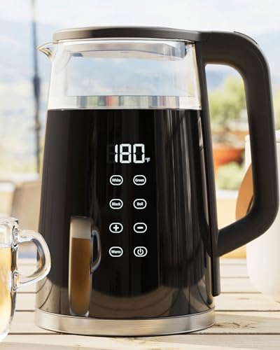 Veken 1.7L Electric Tea Kettle with Digital Temperature Control and Keep Warm Feature – Modern Glass Design with Safe, Cool Touch Handle