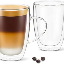 DLux 12oz Double Wall Latte Glasses – Clear Borosilicate Insulated Coffee Mugs with Floating Effect, Set of 2