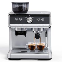 Espresso machine with built-in grinder and milk frother, featuring a 20-bar pressure pump, 2.8-liter water tank, and a sleek design suitable for home or office use