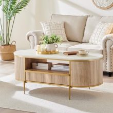 48-inch oval coffee table with faux marble top and gold metal decor. Features a sleek design with fluted panels, a curved profile