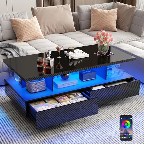 Modern black coffee table with high-gloss finish and LED lights