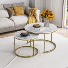 Smuxee White Nesting Coffee Table Set of 2 – Round Wooden Marble Pattern Tables with Adjustable Non-Slip Feet for Living Room, Bedroom, and Balcony