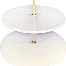 Elegant Two-Tier White Marble and Brass Serving Stand for Stylish Food Presentation and Decorative Use