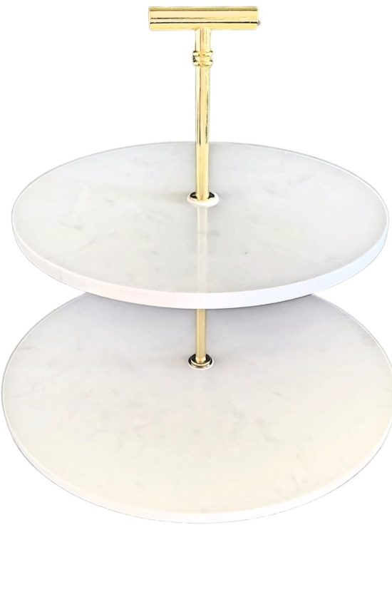 Elegant Two-Tier White Marble and Brass Serving Stand for Stylish Food Presentation and Decorative Use