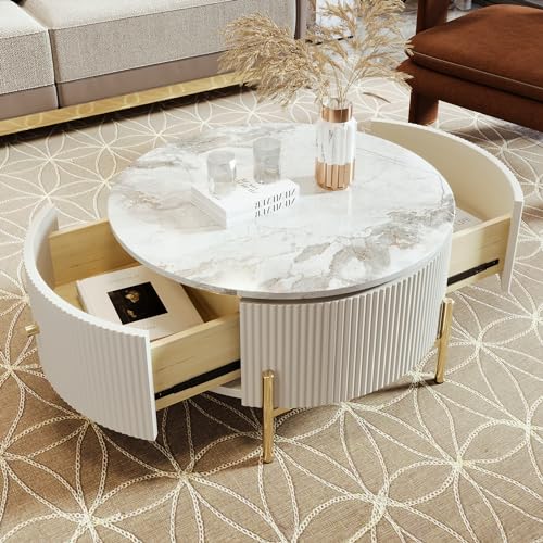 Modern Round White & Gold Coffee Table with Drawers – Drum Table with Marble Pattern Top for Living Room and Office