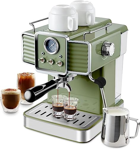 InfiniPower 15 Bar Espresso Machine in Retro Green with Milk Frother, 1350W, 54 Oz Water Tank – Ideal for Home Baristas