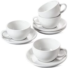 Set of 4 white ceramic cappuccino cups with saucers, perfect for serving lattes, espressos, and other coffee drinks, displayed with sleek design and comfortable handles.