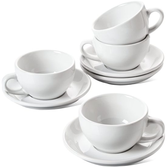 Set of 4 white ceramic cappuccino cups with saucers, perfect for serving lattes, espressos, and other coffee drinks, displayed with sleek design and comfortable handles.