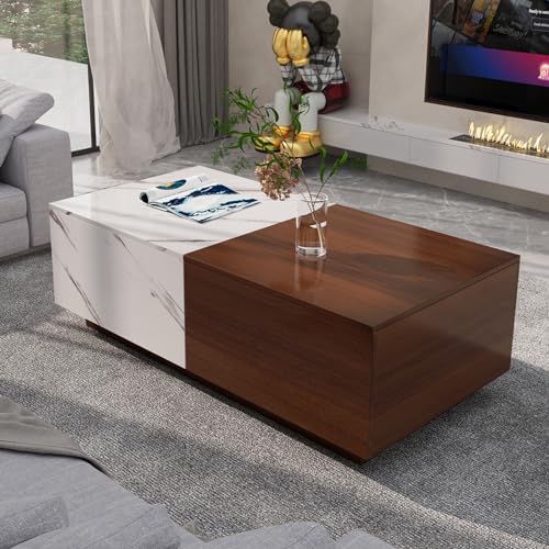 Walnut and Marble Buenhomino Lift Top Coffee Table with LED Lights and Storage – Modern Center Table for Living Room and Office