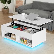 Sleek white lift-top coffee table with LED lights, hidden storage compartment, and open shelves, designed for modern living rooms.