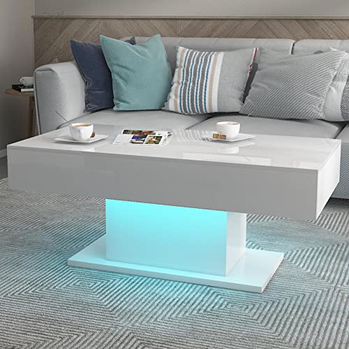 Modern White LED Coffee Table with High Gloss Finish and Remote Control for Living Room