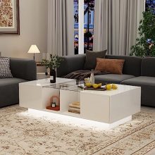 Modern White LED Coffee Table with Glass Top – Rectangle Design with Adjustable 7-Color Lighting and Ample Storage for Living Room or Bedroom