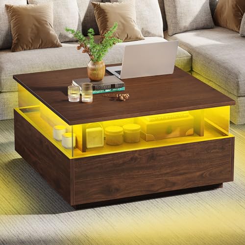 Modern Brown Acrylic Coffee Table with LED Lights and 2 Sliding Drawers – Stylish Center Table for Living Room