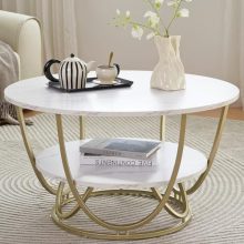 Modern Elephance Round Coffee Table with White Marble Top and Gold Frame - Dual-Tier Storage for Living Room