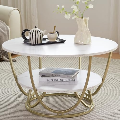 Modern Elephance Round Coffee Table with White Marble Top and Gold Frame - Dual-Tier Storage for Living Room