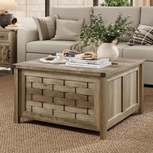 Rustic farmhouse coffee table with a lift-top and hidden storage compartments