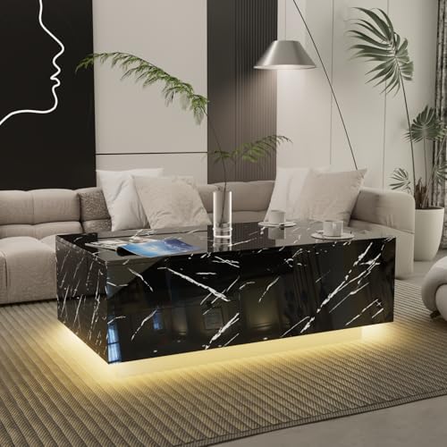 Modern LED Coffee Table with Black Faux Marble Finish, Extendable Sliding Top, and Hidden Storage Compartments for Living Room