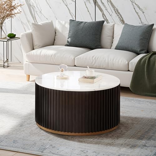 Modern Round Wood Coffee Table with Marble Lid and Hidden Storage – Elegant Black Brown Center Table for Living Room