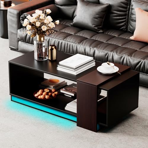 Modern Black Walnut LED Coffee Table – 2-Tier Storage with Remote-Controlled Lighting for Living Room