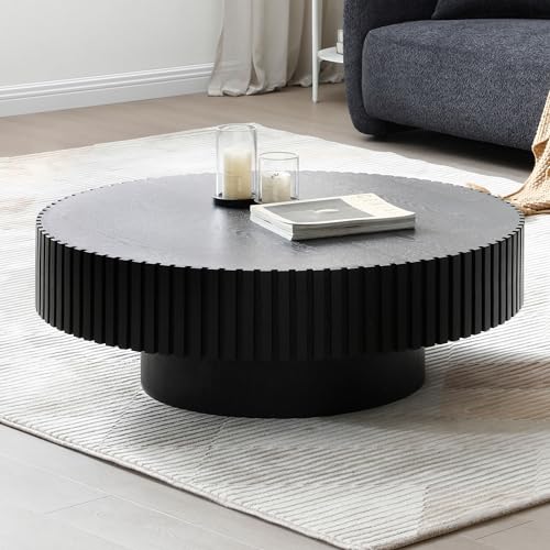 31.49" Black Round Coffee Table with Handcrafted Relief - No Assembly Required