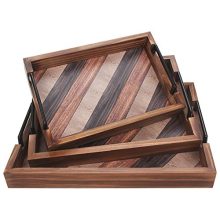 Set of 3 Rustic Wood Serving Trays with Metal Handles – Elegant Wooden Trays for Kitchen, Breakfast, and Home Decor