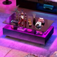 Modern LED coffee table with a high gloss finish, featuring an open display shelf and four sliding drawers, in black, providing customizable lighting and ample storage for living rooms