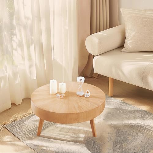 Round Wood Coffee Tables Set - Rustic and Mid-Century Design, Light Brown Finish, Solid Wood Construction