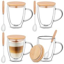 Set of 4 Double Wall Glass Coffee Mugs with Bamboo Lids and Wooden Spoons – 12oz Insulated Cups for Hot and Cold Beverages (350ml)