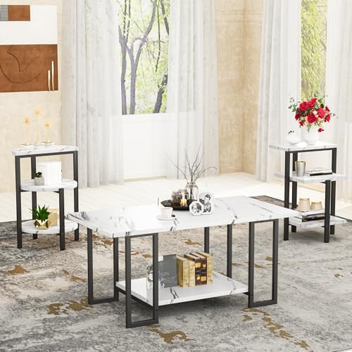 3-piece table set featuring a large faux marble coffee table with two matching black and white side tables, all with metal frames, ideal for living rooms and apartments. 