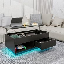 Modern Lift Top Coffee Table in high gloss black with adjustable height, LED lights offering over 60,000 colors, and multiple storage options including a hidden compartment, open shelves, and a drawer. Ideal for enhancing any living room or home office.