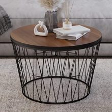 Mid-century round coffee table with a geometric metal base, brown walnut MDF wood tabletop, and black accents, ideal for small spaces and modern decor.