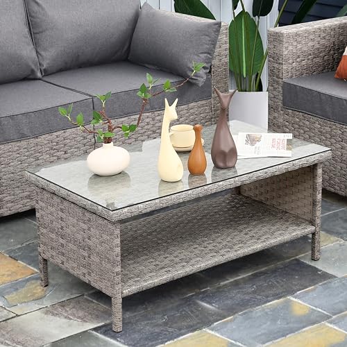 Stylish outdoor PE wicker coffee table with tempered glass top and dual-layer design, perfect for patio, garden, or poolside use