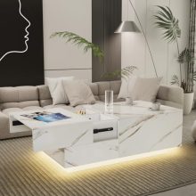 Modern Glossy Marble Coffee Table with Extendable Top and LED Lights – Ideal for Living Rooms and Offices, featuring Hidden Storage Compartments 