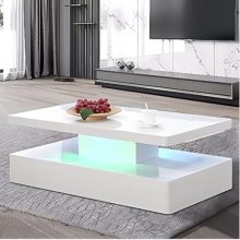 Modern 44-Inch LED Coffee Table with High Gloss White Finish and Two-Tier Storage 