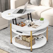 Round coffee table with lift top and hidden storage in marble white finish. Features a sleek, compact design ideal for home offices and living rooms.