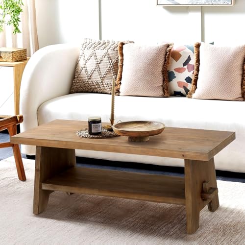 Mid-Century Modern Farmhouse Coffee Table with Solid Firwood Top and Wedged Through Mortise-Tenon Design – 43.4” Rectangle Table for Living Room