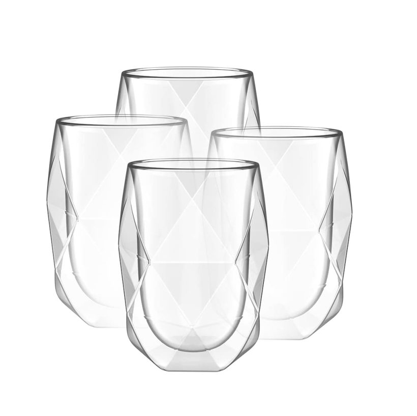 Set of 4 BTaT 12oz Diamond-Shaped Double Wall Glass Coffee Mugs - Insulated Clear Mugs for Hot and Cold Drinks