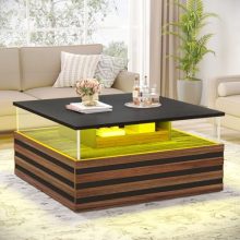 Square coffee table with LED lighting, featuring a high-gloss wood base and acrylic panels. Includes two hidden drawers and an open shelf for storage, designed to enhance living room decor with a modern and rustic touch.